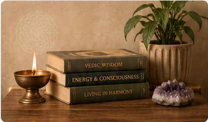 Vedic wisdom books, lamp and wellness objects